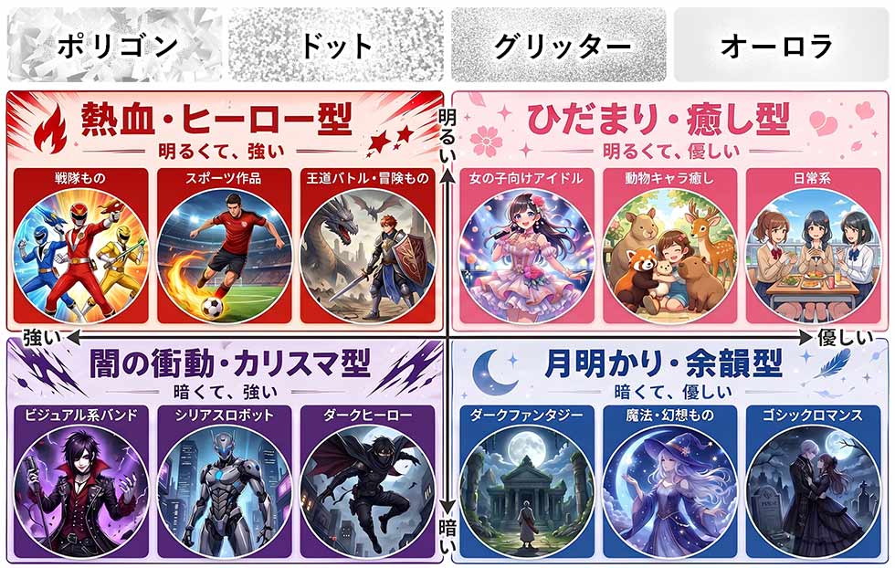SparklePOP&reg;のホログラム素材による表現イメージ。世界観を「明るい・暗い」「強い・優しい」の2軸で分類し、熱血ヒーロー型、ひだまり癒し型、闇の衝動カリスマ型、月明かり余韻型の例を紹介。