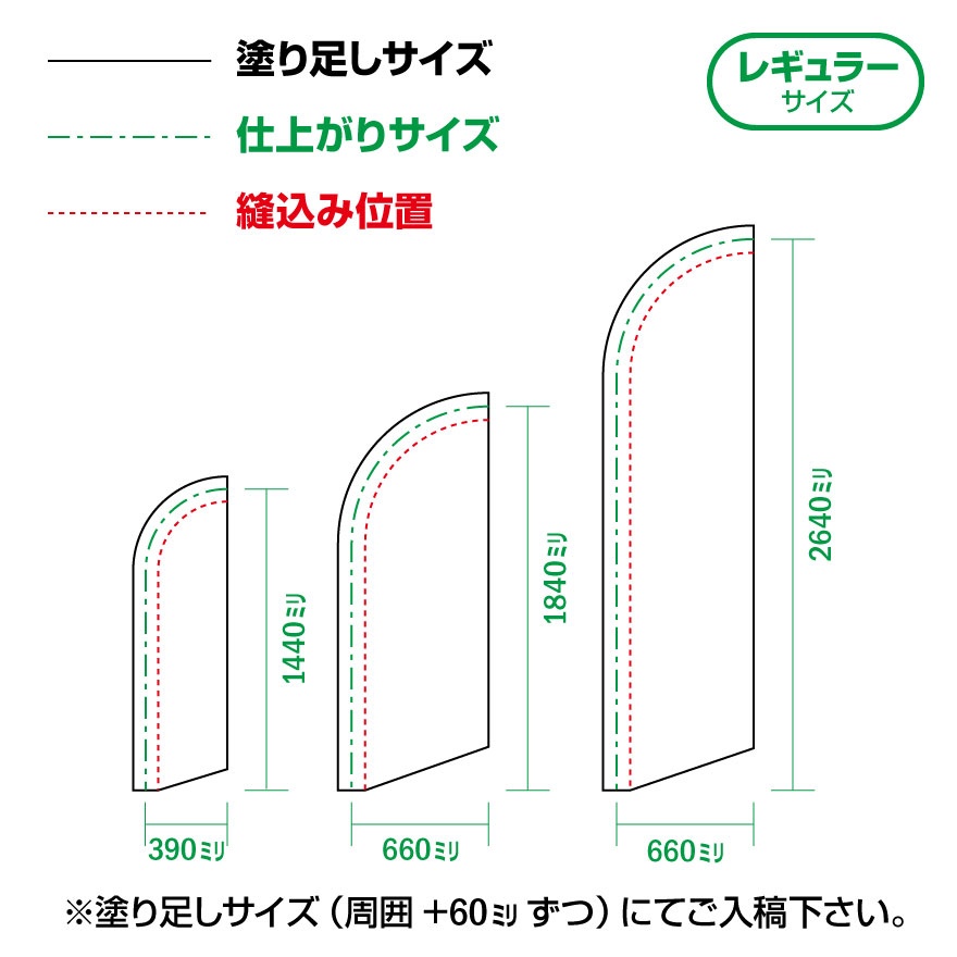 レギュラーサイズ 幅390mm高さ1440㎜、幅660mm高さ1840mm、幅660mm高さ2640㎜